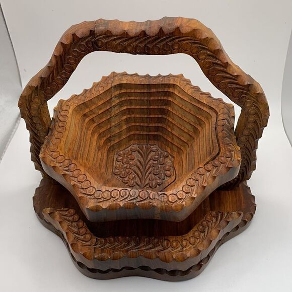 The Wooden Basket Hand-carved Collapsible Wooden Basket Excellent Craftsmanship - Picture 6 of 17